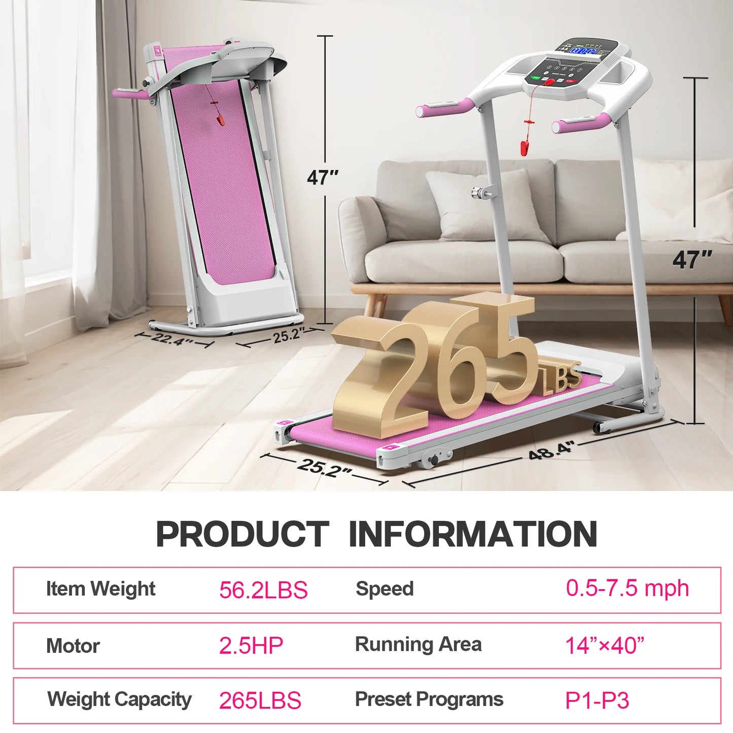 Foldable Treadmills for Home, 2.5HP Quiet Brushless, Electric Running Machine for Home Office, Walking Running Treadmills Exercise Treadmill with Heart Rate Sensor and LCD Display (Pink)