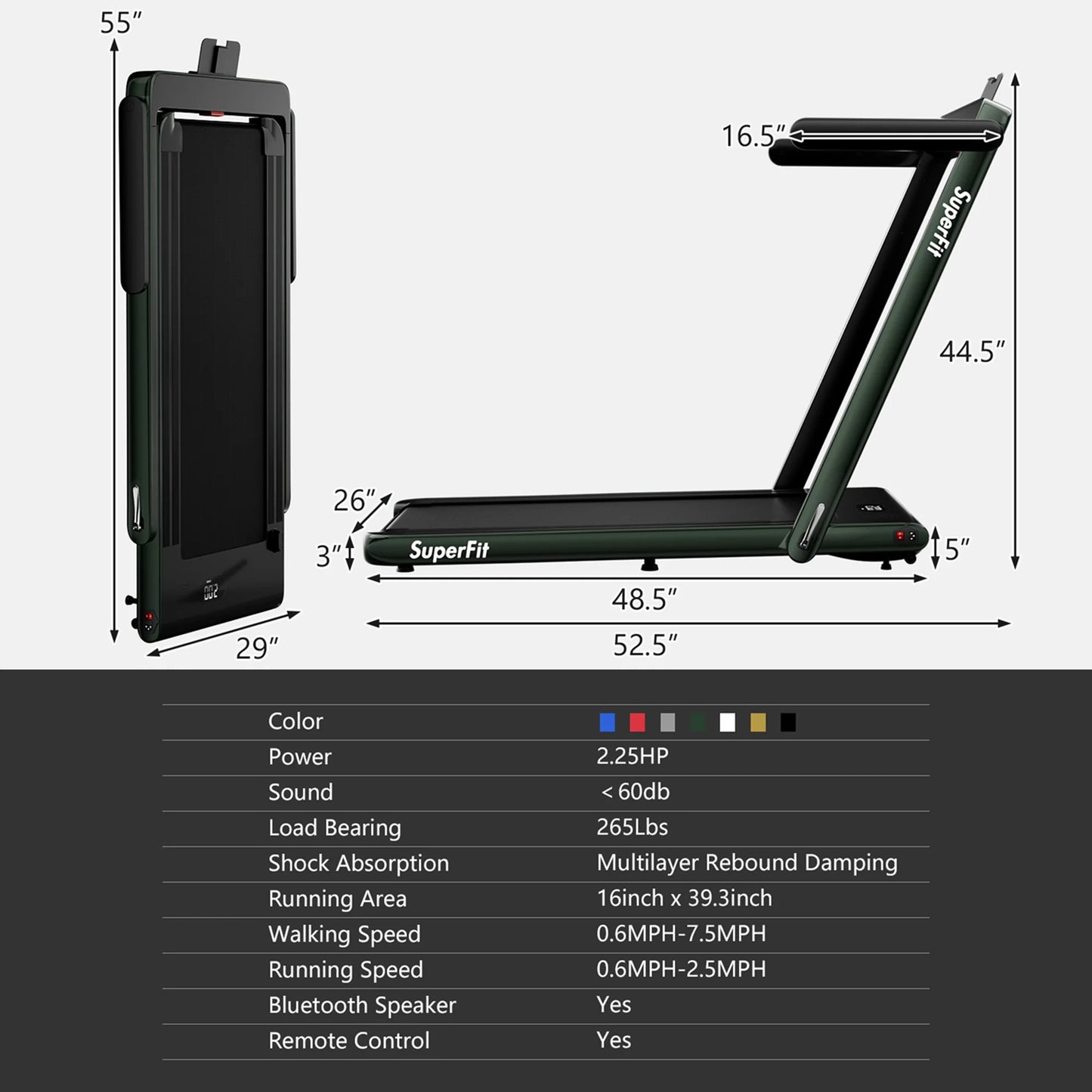 Superfit up to 7.5MPH 2.25HP 2 in 1 Single Display Screen Treadmill W/ Speaker Remote Control APP Green