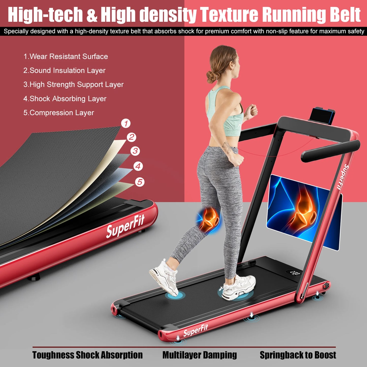 Superfit up to 7.5MPH 2.25HP 2 in 1 Single Display Screen Treadmill Remote Control W/ APP Control Speaker Red