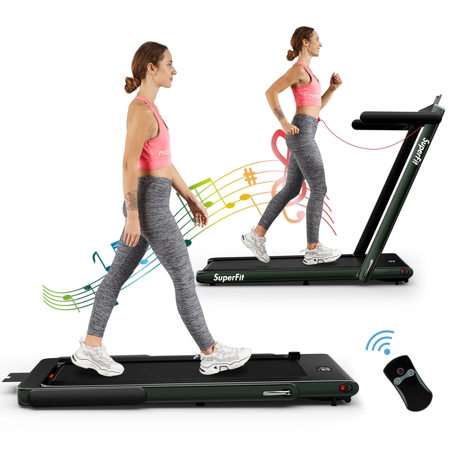 Superfit up to 7.5MPH 2.25HP 2 in 1 Single Display Screen Treadmill W/ Speaker Remote Control APP Green