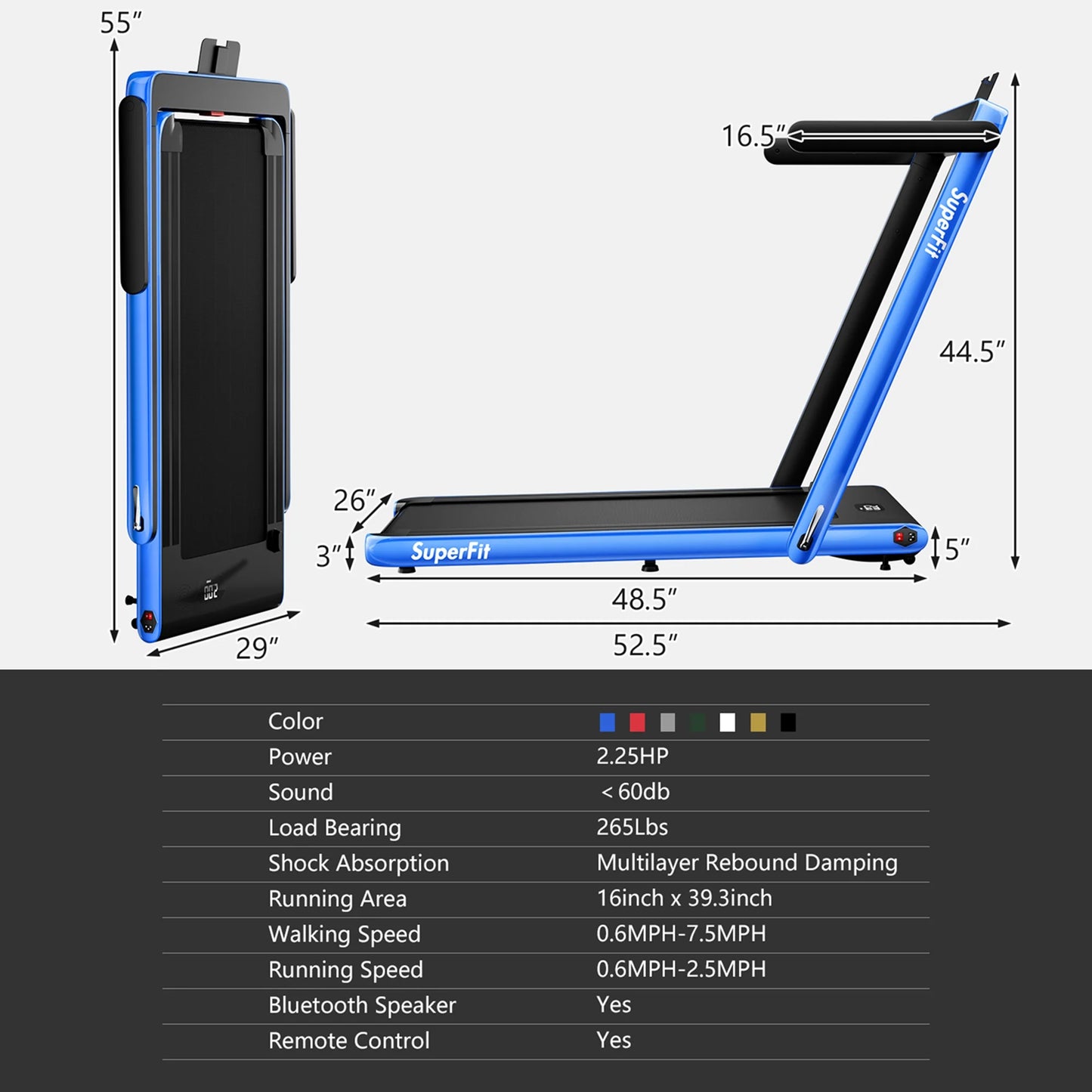 Superfit up to 7.5MPH 2.25HP 2 in 1 Single Display Screen Treadmill W/ APP Control Speaker Remote Control Blue