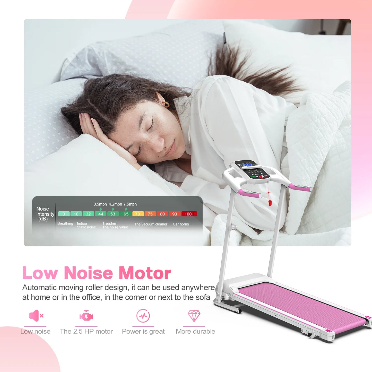 Foldable Treadmills for Home, 2.5HP Quiet Brushless, Electric Running Machine for Home Office, Walking Running Treadmills Exercise Treadmill with Heart Rate Sensor and LCD Display (Pink)