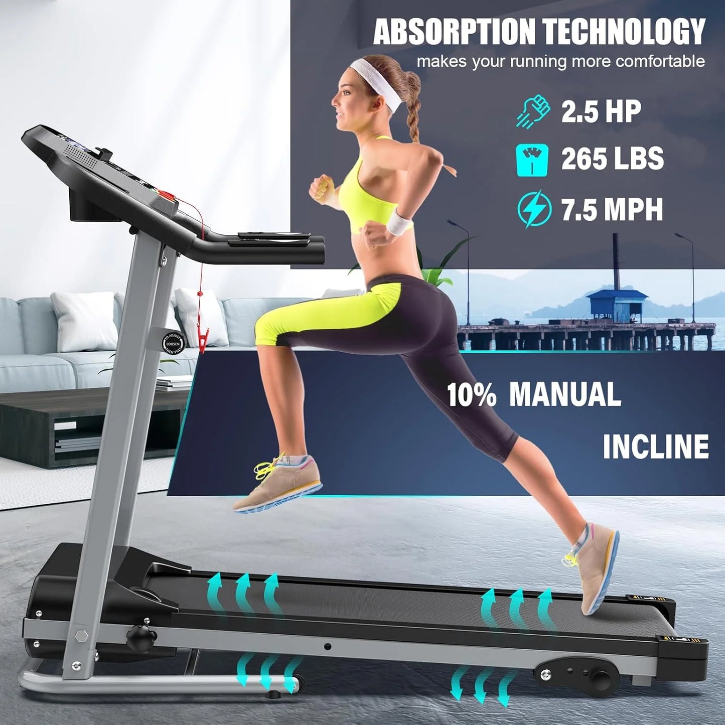 Foldable Treadmill with Incline and Bluetooth, 2.5HP Electric Folding Treadmill Running Walking Machine for Home Gym, Max 265 LBS Weight Capacity