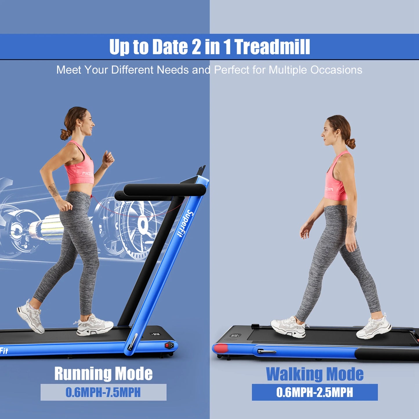 Superfit up to 7.5MPH 2.25HP 2 in 1 Single Display Screen Treadmill W/ APP Control Speaker Remote Control Blue
