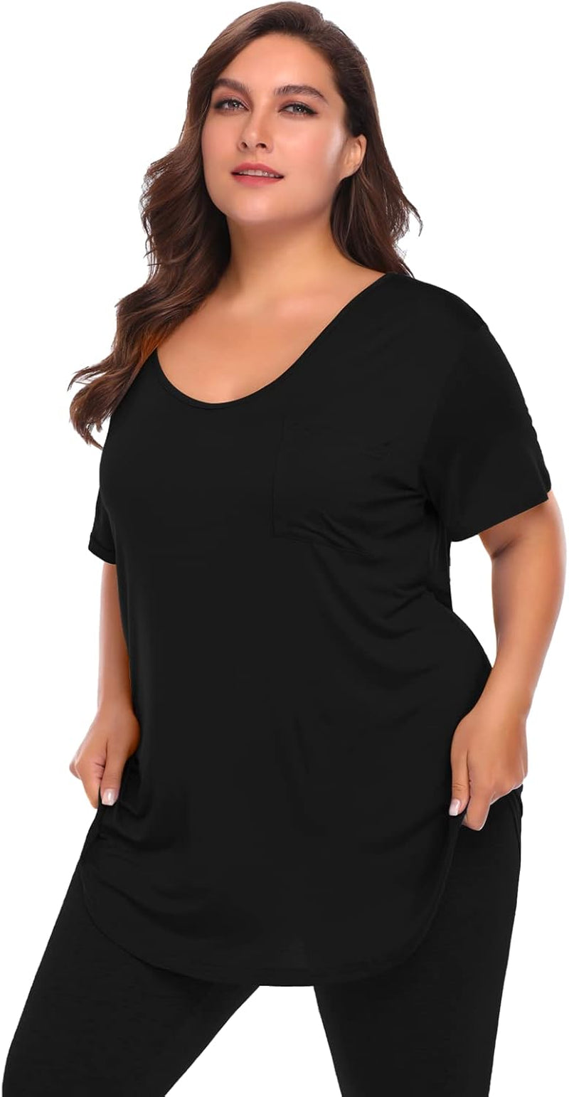 Women plus Size V-Neck Tunic Tops Loose T Shirt with Pocket