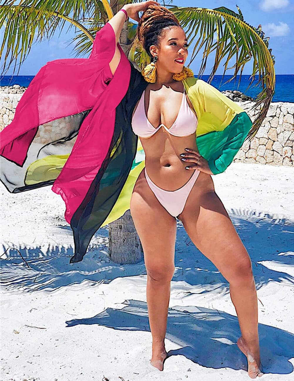 plus Size Women Chiffon Beach Bikini Cover up Colorful Splicing Kimono Cardigan