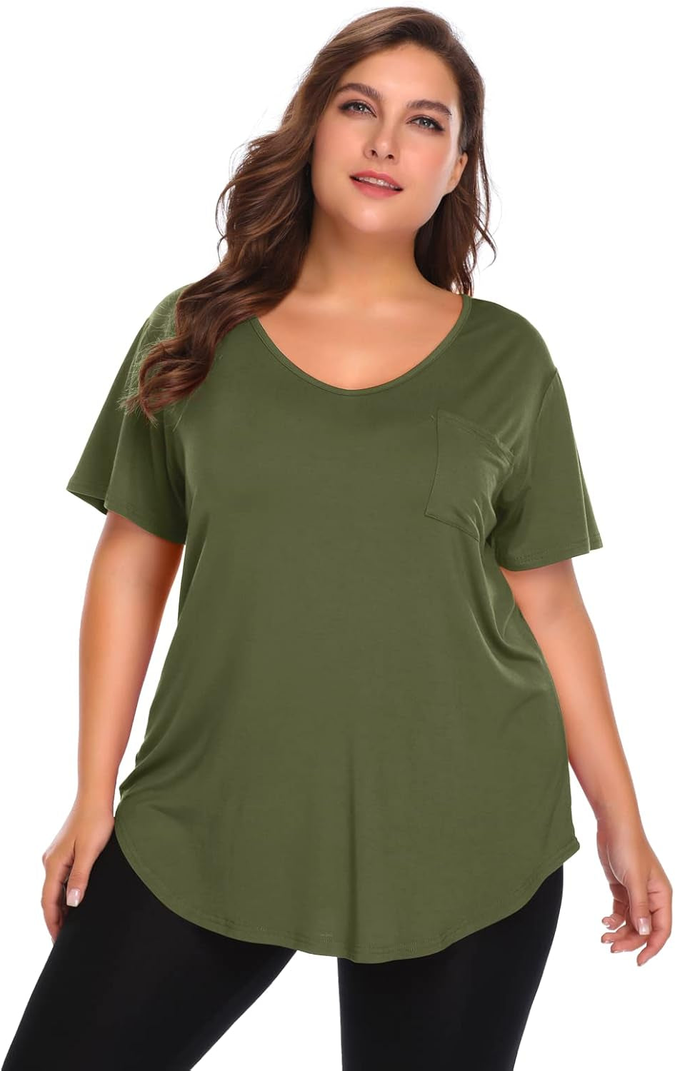 Women plus Size V-Neck Tunic Tops Loose T Shirt with Pocket