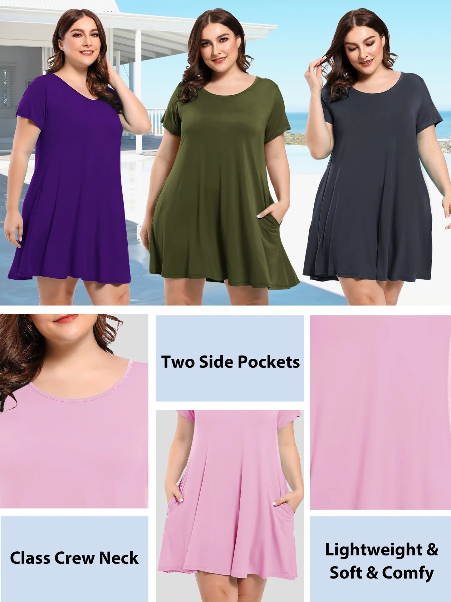 Womens plus Size Dresses with Pockets Casual Short Sleeve Dress Loose a Line Flowy Swing Darkpurple_2X
