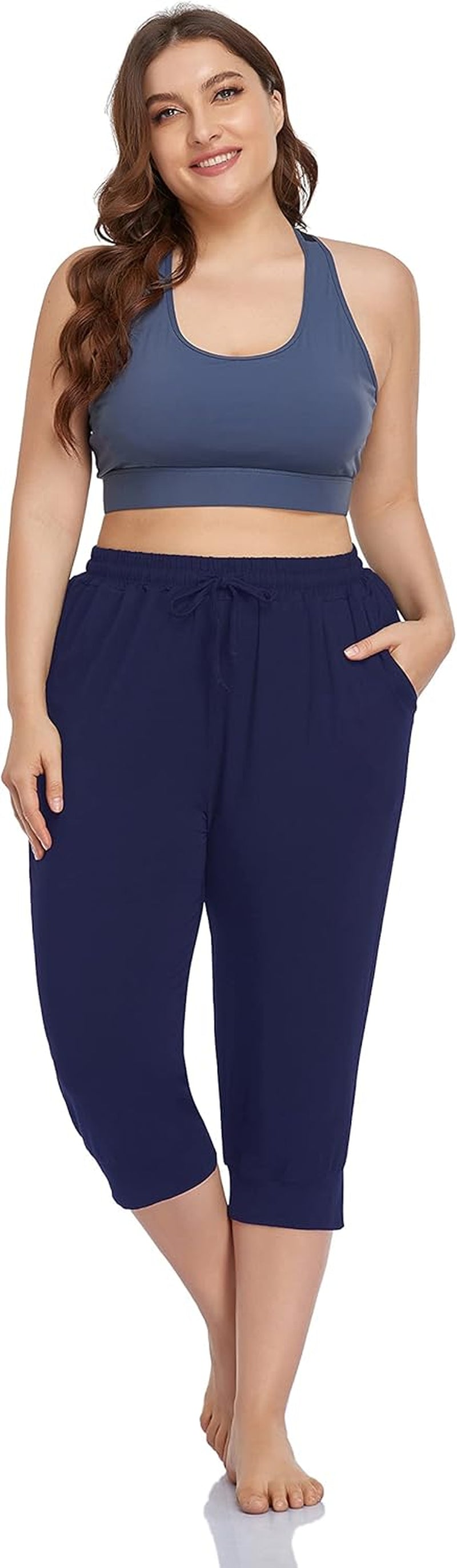 Women'S plus Size Active Yoga Lounge Indoor Capri Casual Comfy Relaxed Joggers Pants with Pockets Drawstring