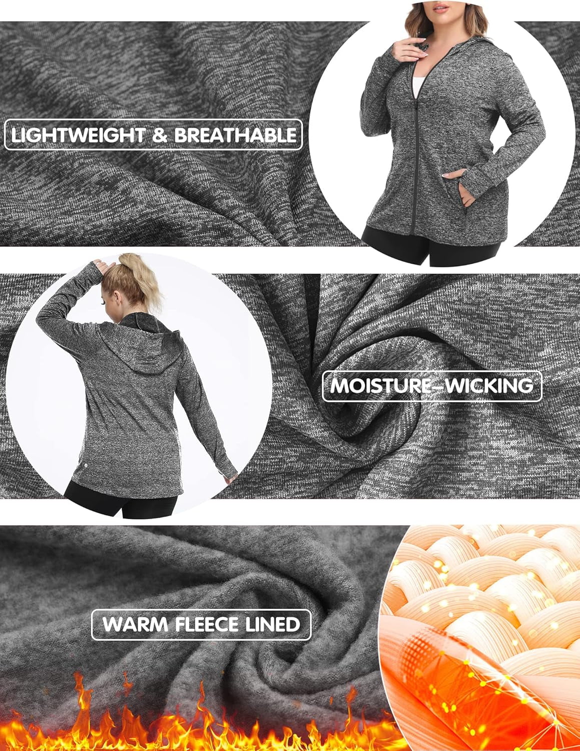Women plus Size Fleece Jackets Full Zip up Hoodies Lightweight Workout Clothing for Running Yoga Gym