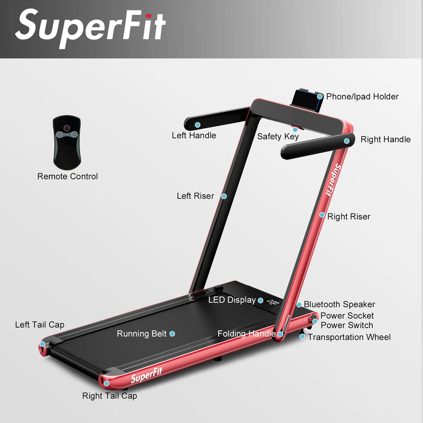 Superfit up to 7.5MPH 2.25HP 2 in 1 Single Display Screen Treadmill Remote Control W/ APP Control Speaker Red