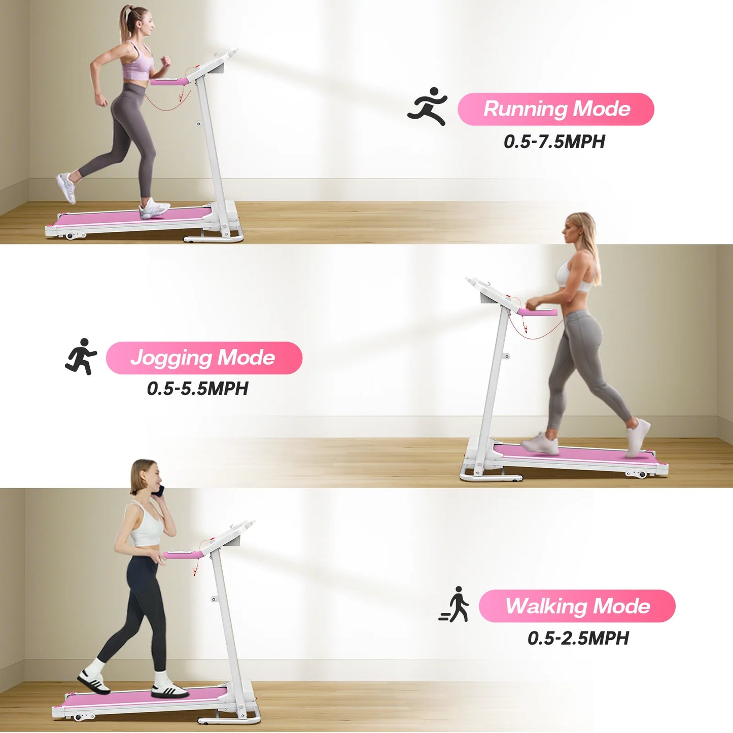 Foldable Treadmills for Home, 2.5HP Quiet Brushless, Electric Running Machine for Home Office, Walking Running Treadmills Exercise Treadmill with Heart Rate Sensor and LCD Display (Pink)