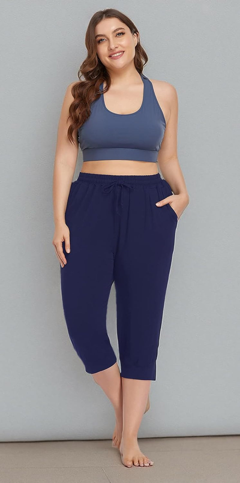 Women'S plus Size Active Yoga Lounge Indoor Capri Casual Comfy Relaxed Joggers Pants with Pockets Drawstring