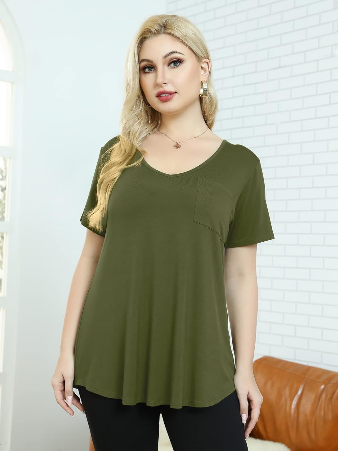 Women plus Size V-Neck Tunic Tops Loose T Shirt with Pocket