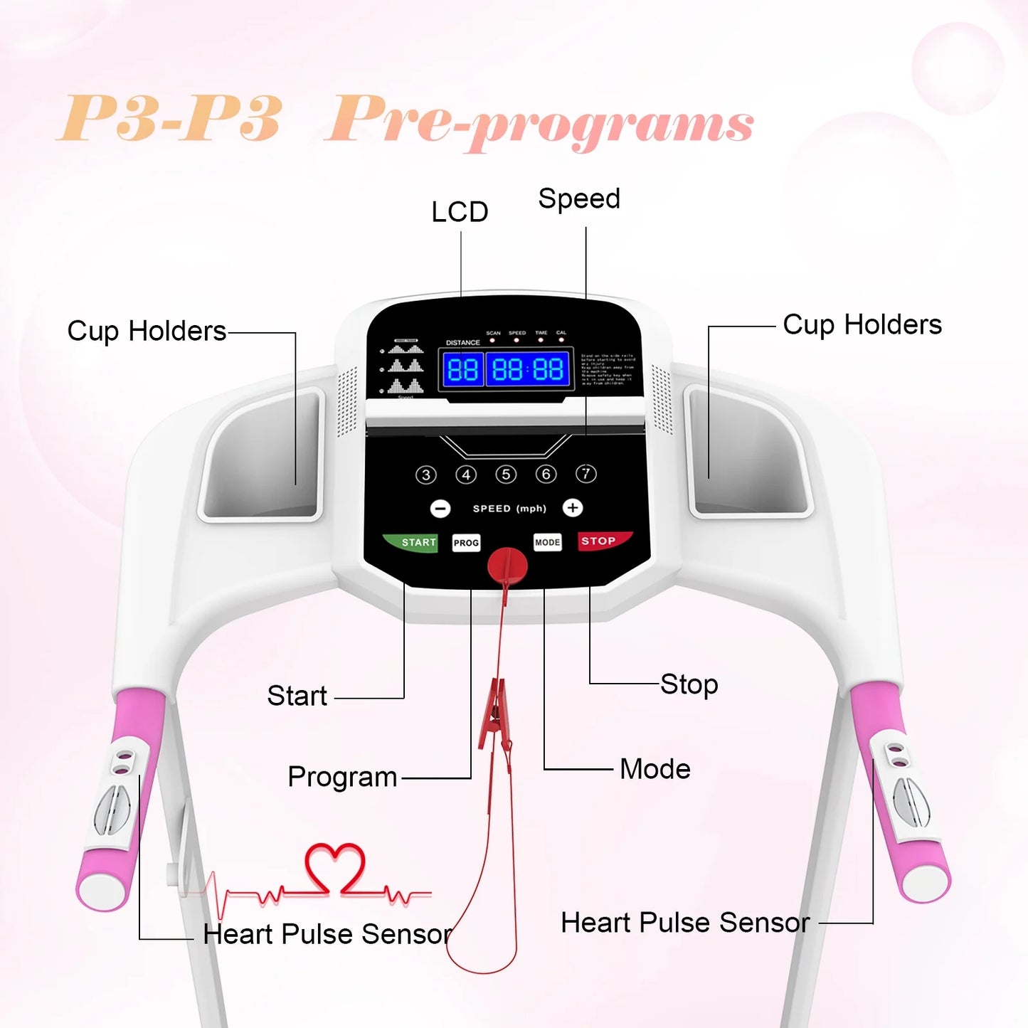 Foldable Treadmills for Home, 2.5HP Quiet Brushless, Electric Running Machine for Home Office, Walking Running Treadmills Exercise Treadmill with Heart Rate Sensor and LCD Display (Pink)