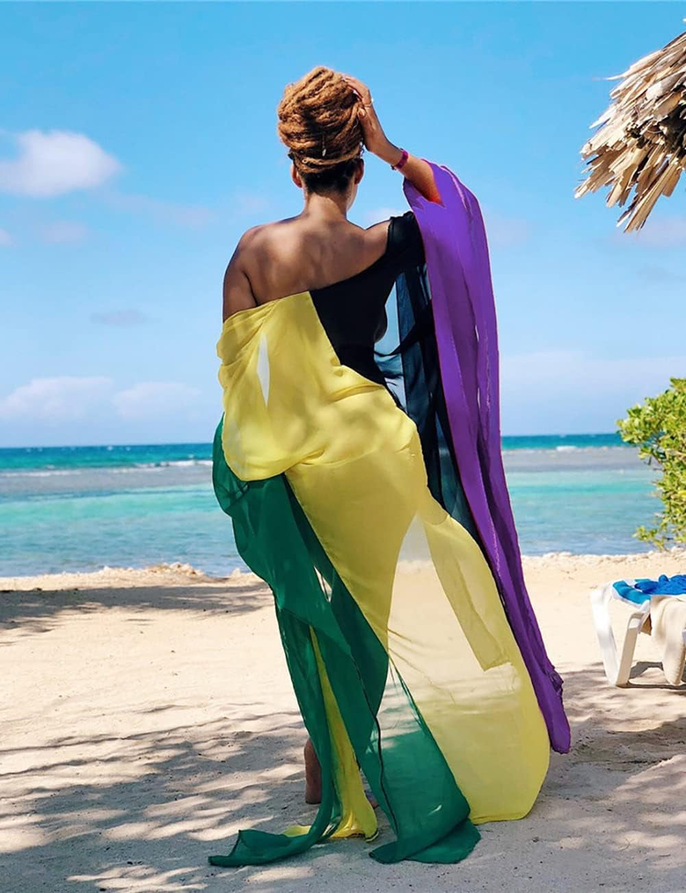 plus Size Women Chiffon Beach Bikini Cover up Colorful Splicing Kimono Cardigan
