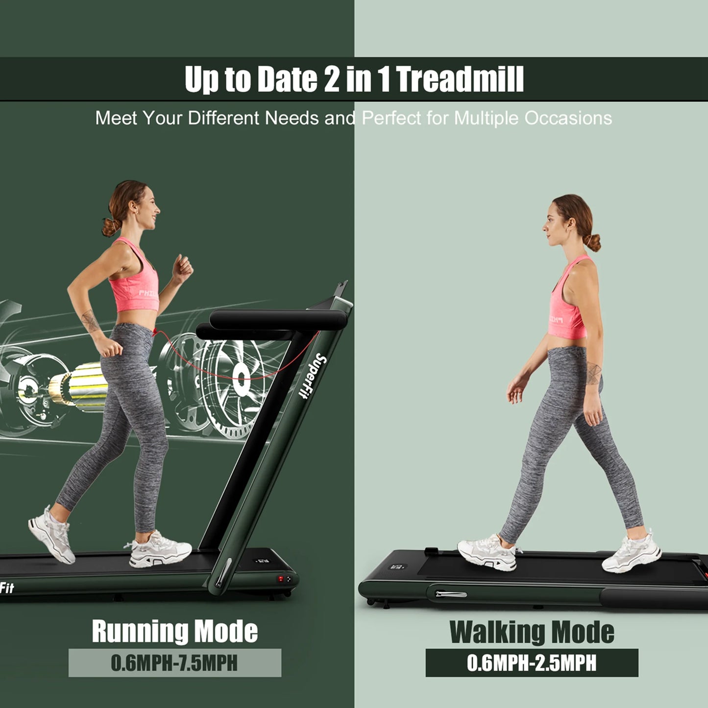 Superfit up to 7.5MPH 2.25HP 2 in 1 Single Display Screen Treadmill W/ Speaker Remote Control APP Green