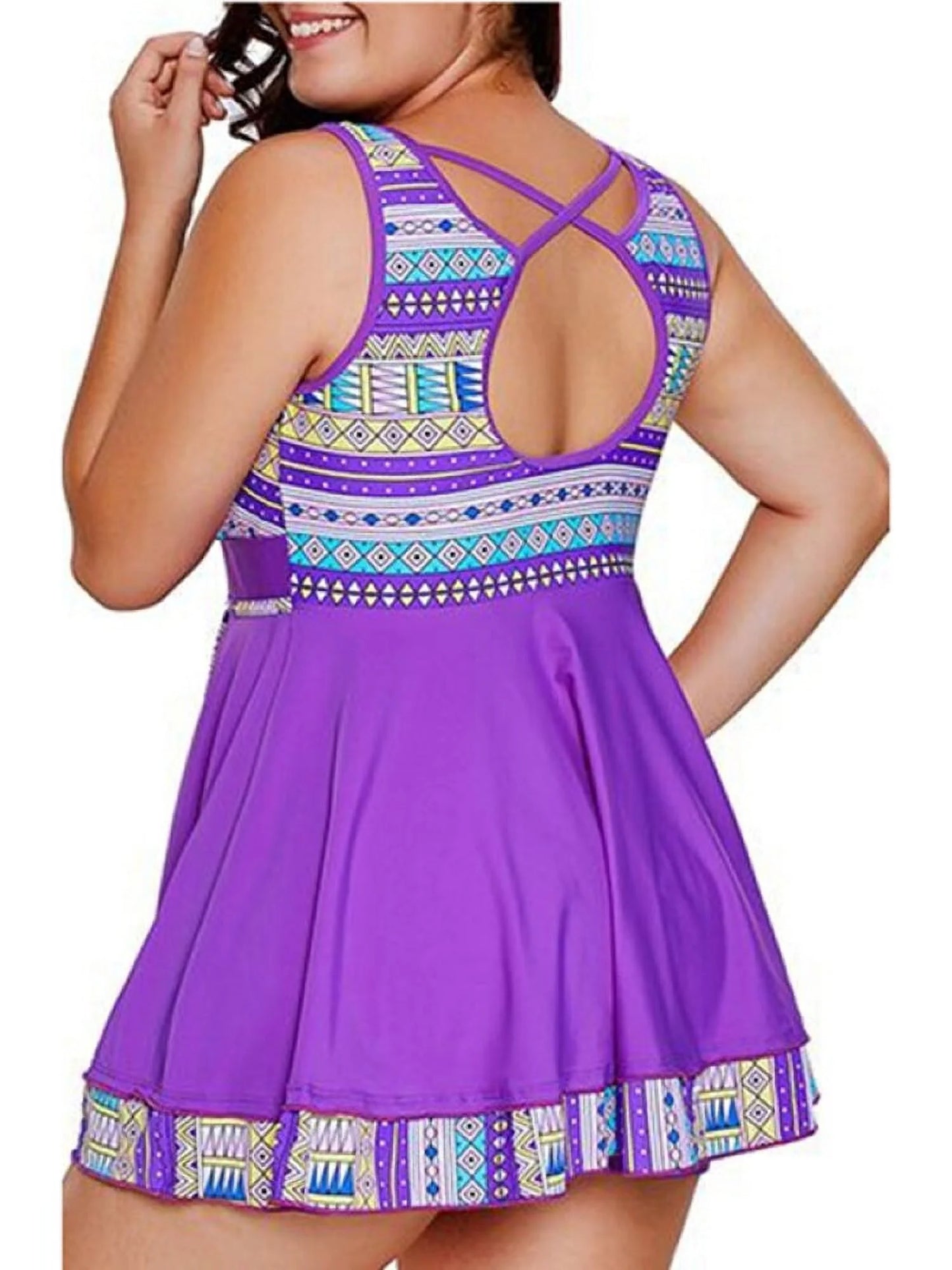 plus Size Women Summer 2 Pieces Swimsuit Set Printing Bench Tankinis