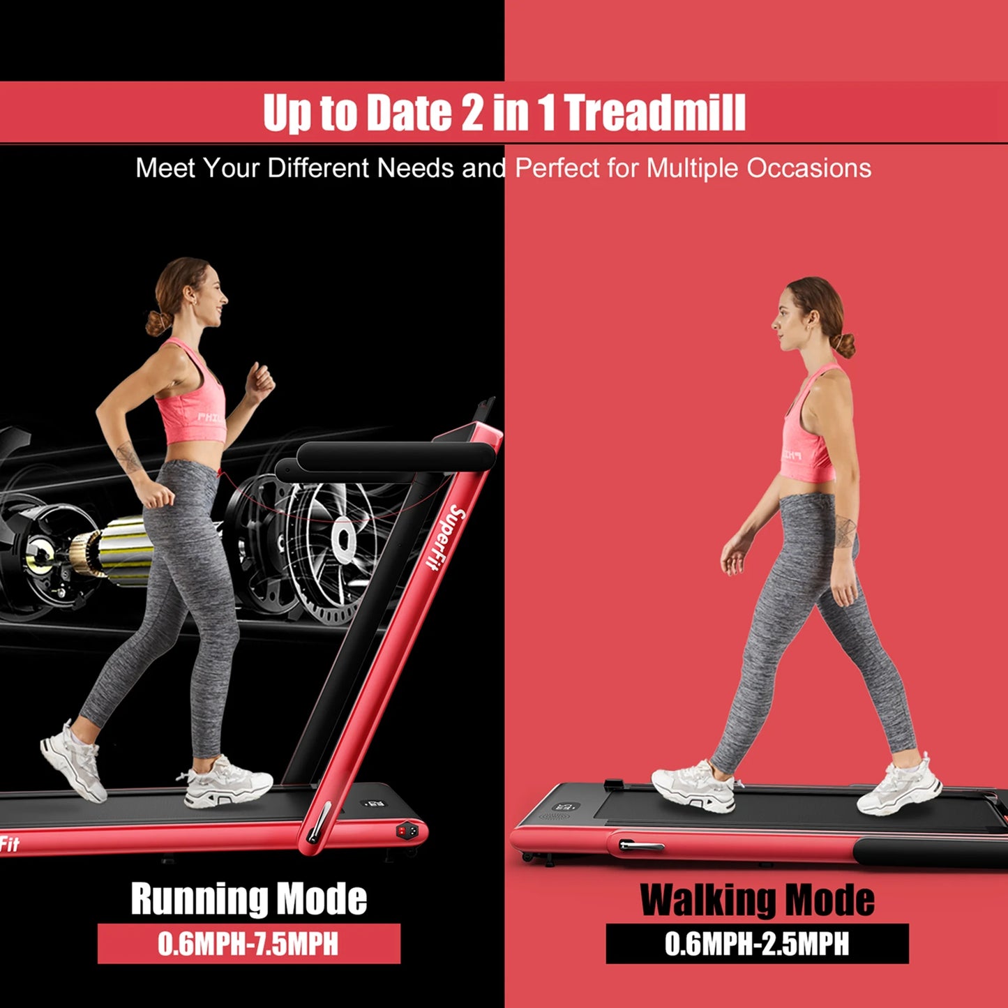 Superfit up to 7.5MPH 2.25HP 2 in 1 Single Display Screen Treadmill Remote Control W/ APP Control Speaker Red