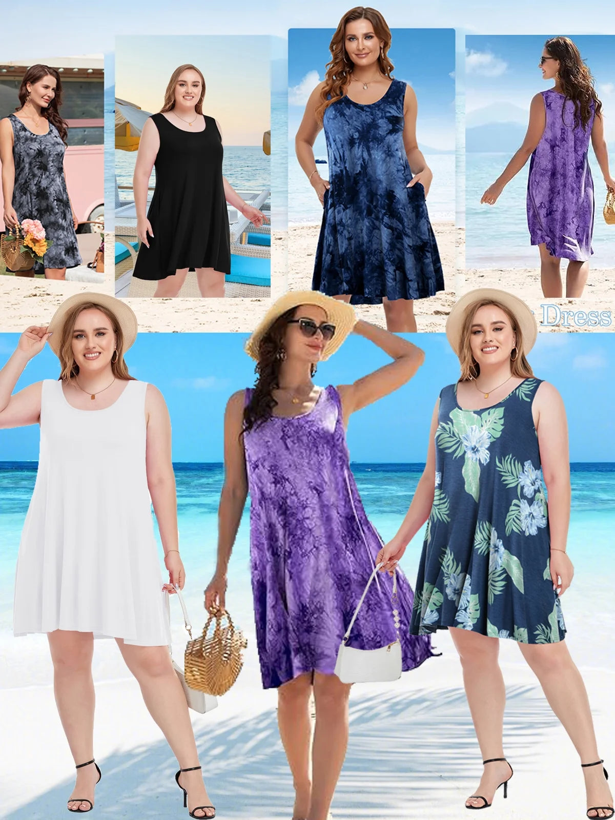 Plus Size T Shirt Dresses 3X for Women, Large Casual Tank Dress Sleeveless Loose Swing Sundress Beach Swimsuit Cover Ups with Pockets