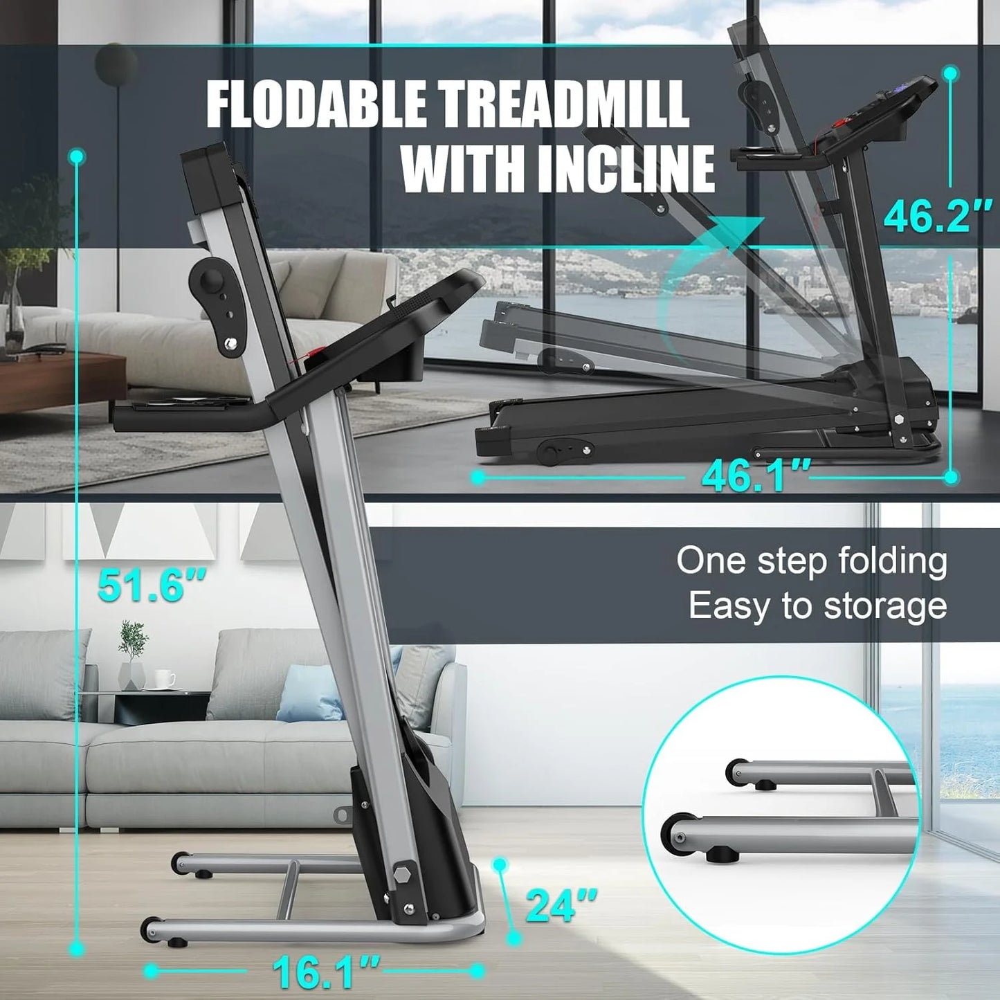 Foldable Treadmill with Incline and Bluetooth, 2.5HP Electric Folding Treadmill Running Walking Machine for Home Gym, Max 265 LBS Weight Capacity