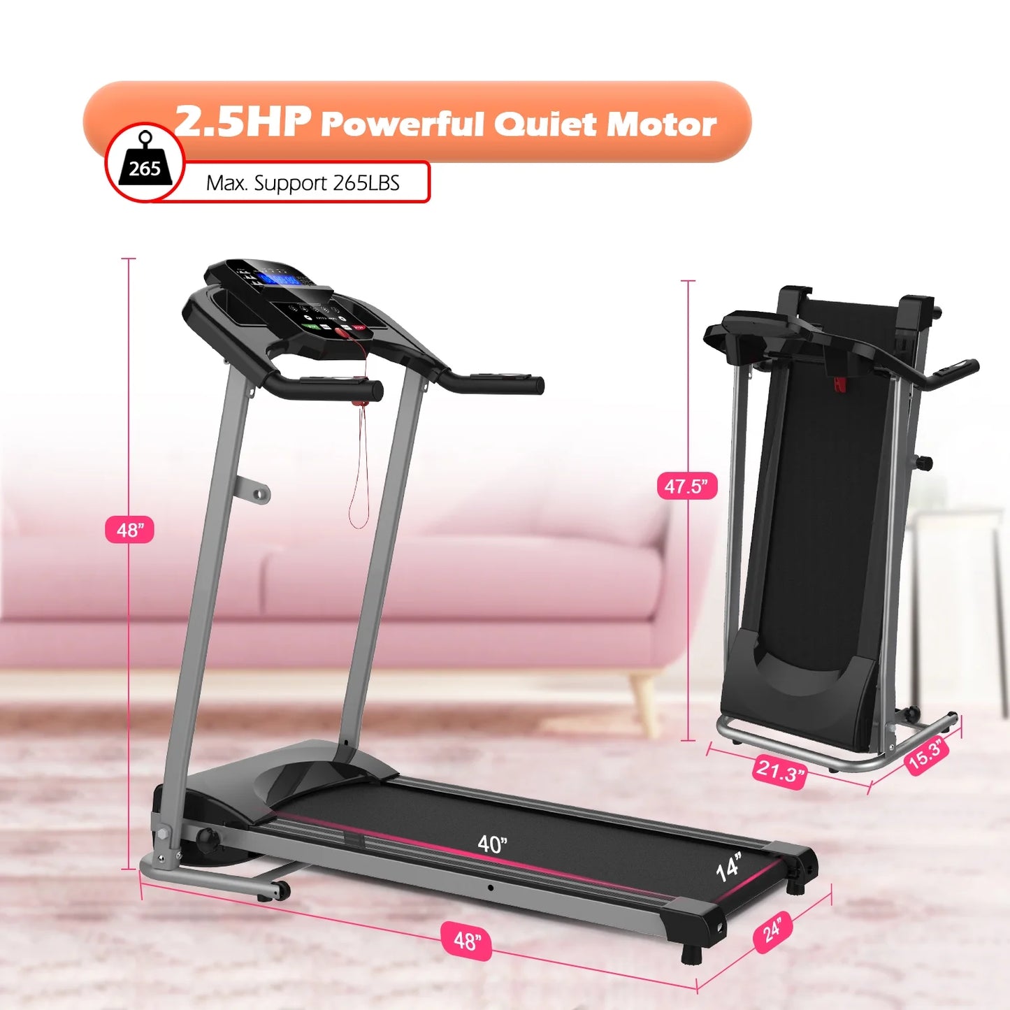 Foldable Treadmills for Home, 2.5HP Quiet Brushless, 7.5 MPH, Electric Running Machine for Home Office, Walking Running Exercise Treadmill with Heart Rate Sensor and LCD Display (GREY)