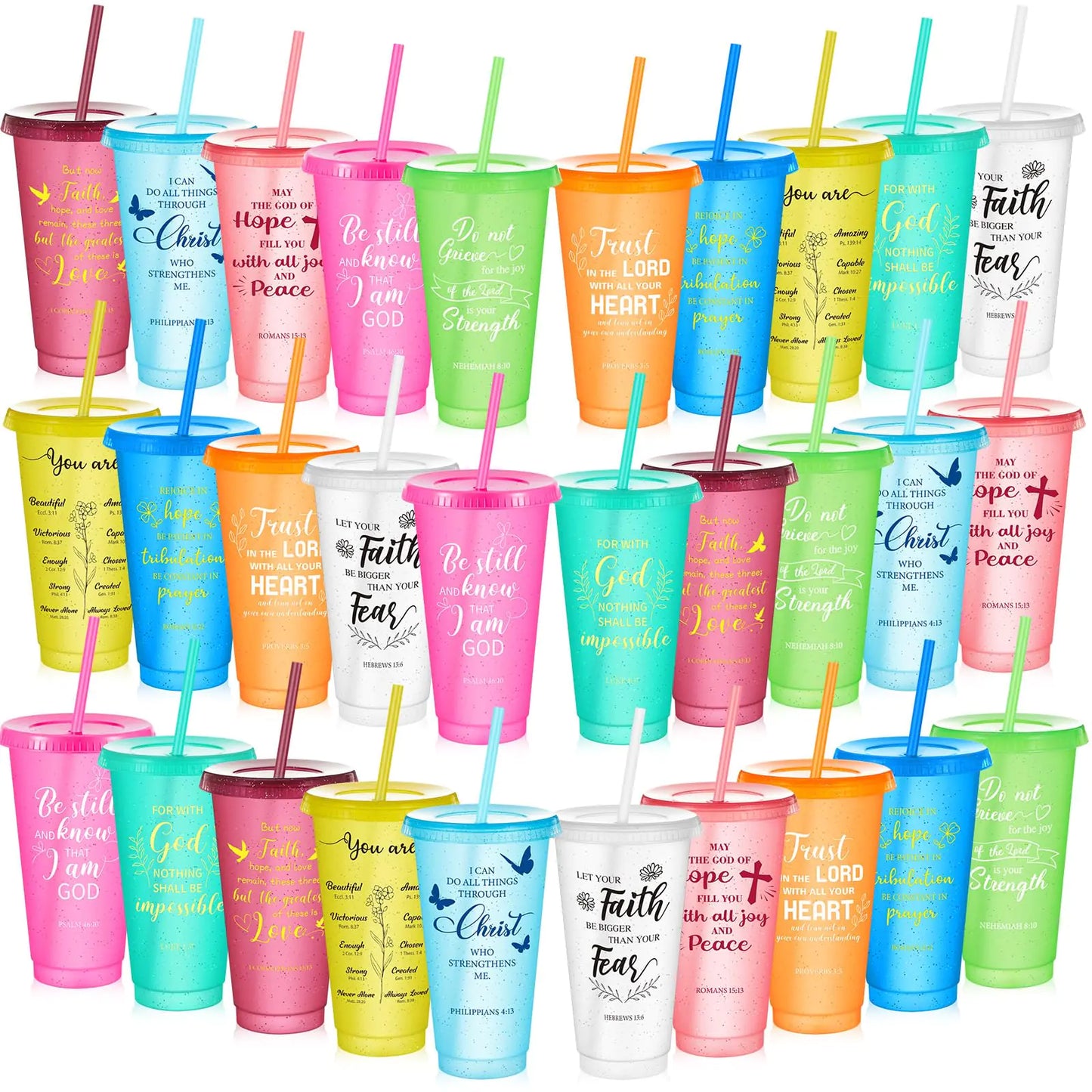 Uiifan 30 Pcs Christian Tumbler Bible Verse Plastic Tumblers with Lids and Straw 24oz Inspirational Religious Tumblers Gifts Christian Gifts for Women Birthday Christmas (Bright Color)