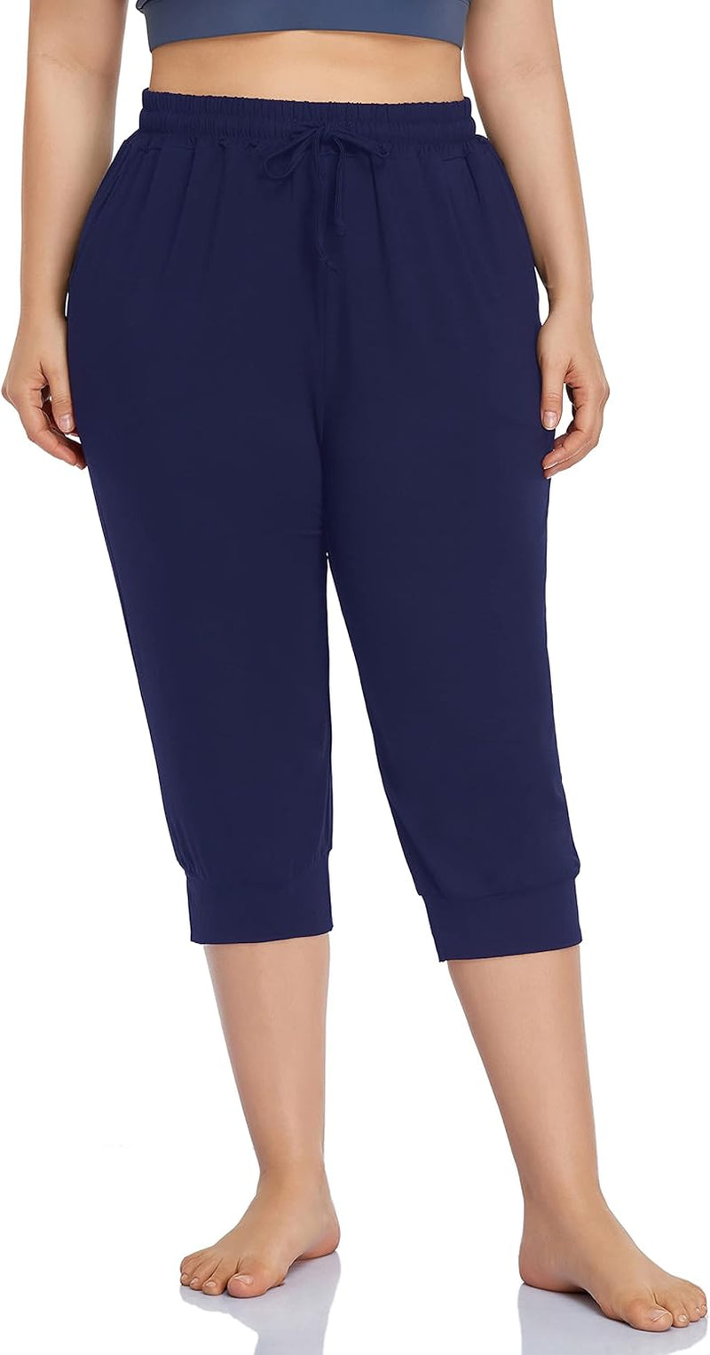 Women'S plus Size Active Yoga Lounge Indoor Capri Casual Comfy Relaxed Joggers Pants with Pockets Drawstring