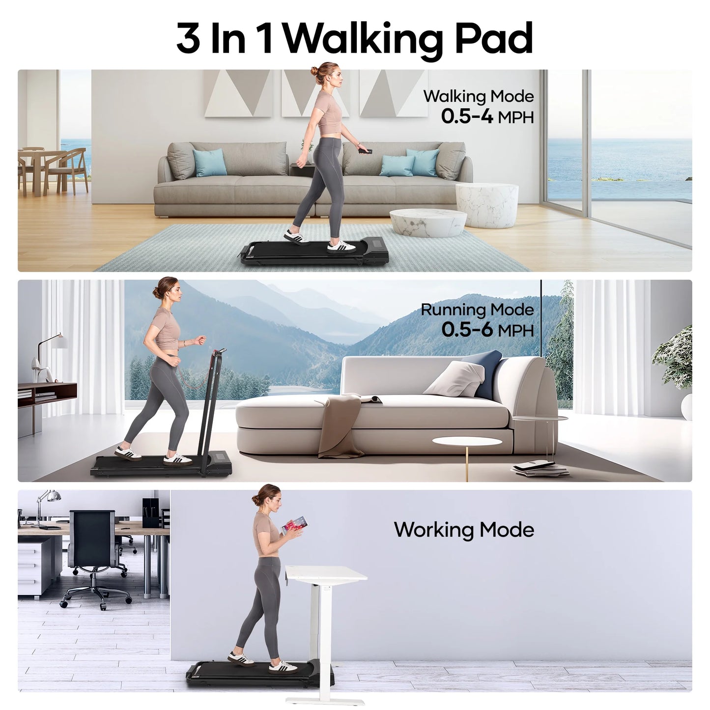 Treadmill Foldable 2-In-1 Walking Pad Compact Electric Running Remote Control for Home Fitness