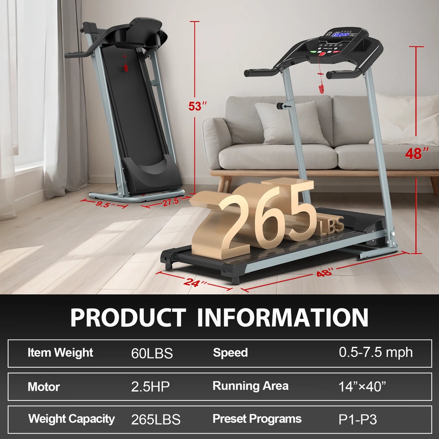 Foldable Treadmills for Home, 2.5HP Quiet Brushless, 7.5 MPH, Electric Running Machine for Home Office, Walking Running Exercise Treadmill with Heart Rate Sensor and LCD Display (GREY)