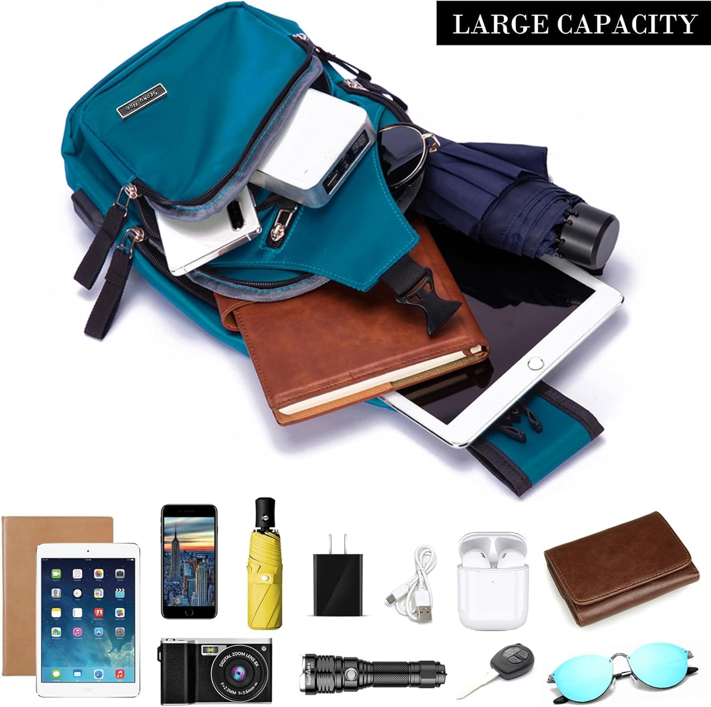 Men Women Sling Backpack Nylon Water Resistant Shoulder Chest Crossbody Sling Bag with USB Charging Port