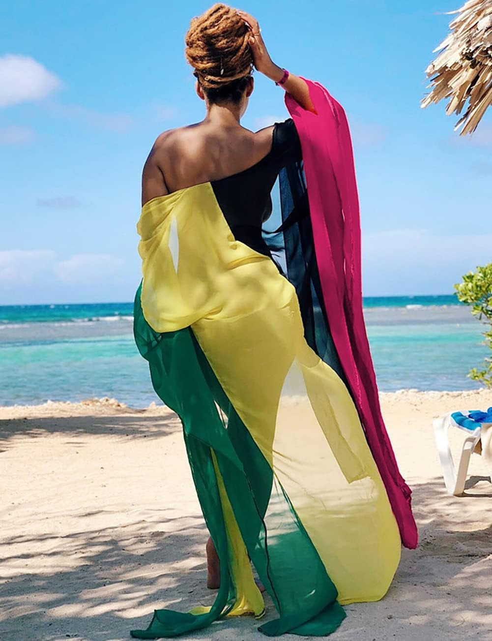 plus Size Women Chiffon Beach Bikini Cover up Colorful Splicing Kimono Cardigan