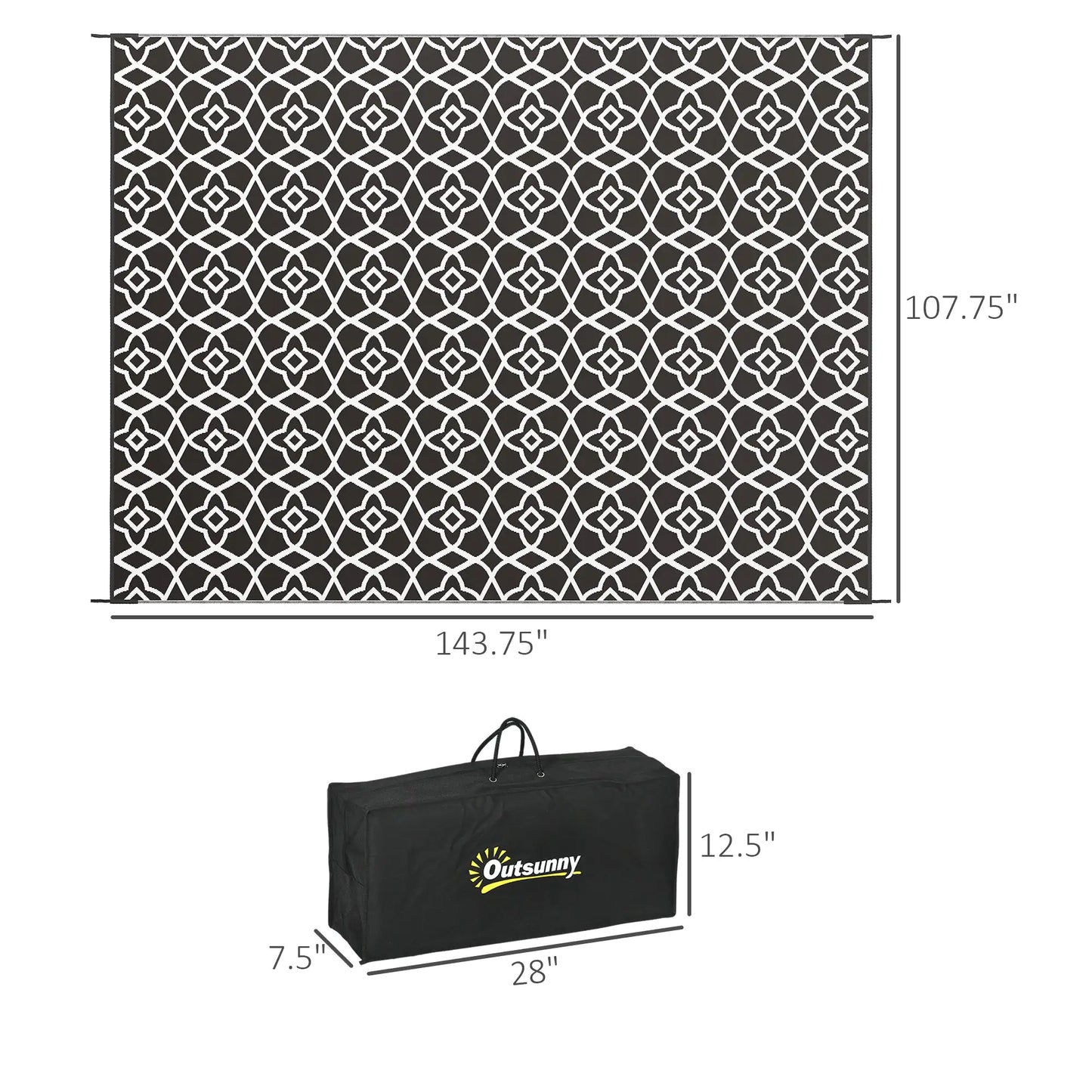 Outsunny 9' x 12' Reversible Outdoor Rug β Waterproof Plastic Straw Mat with Carry Bag, Black & White Clover