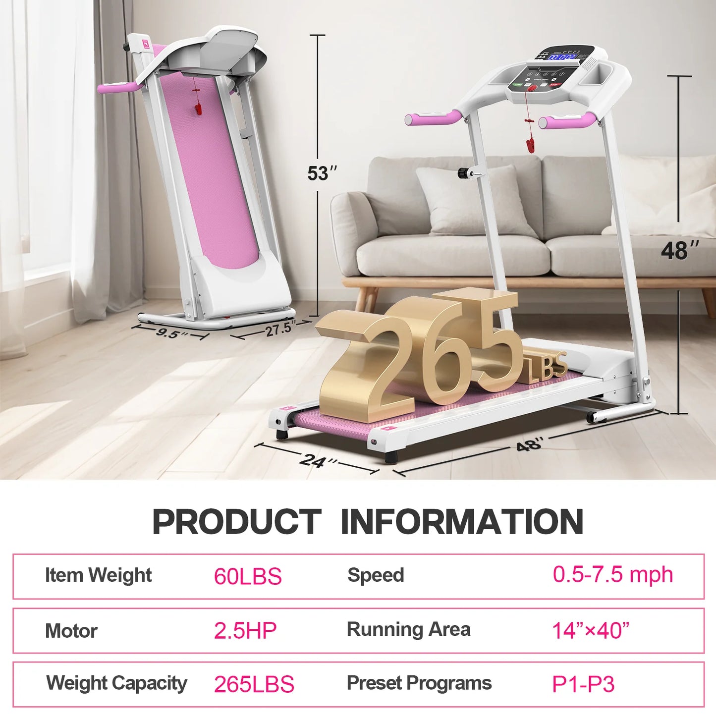 Foldable Treadmills for Home, 2.5HP Quiet Brushless, Electric Running Machine for Home Office, Walking Running Treadmills Exercise Treadmill with Heart Rate Sensor and LCD Display (Pink)