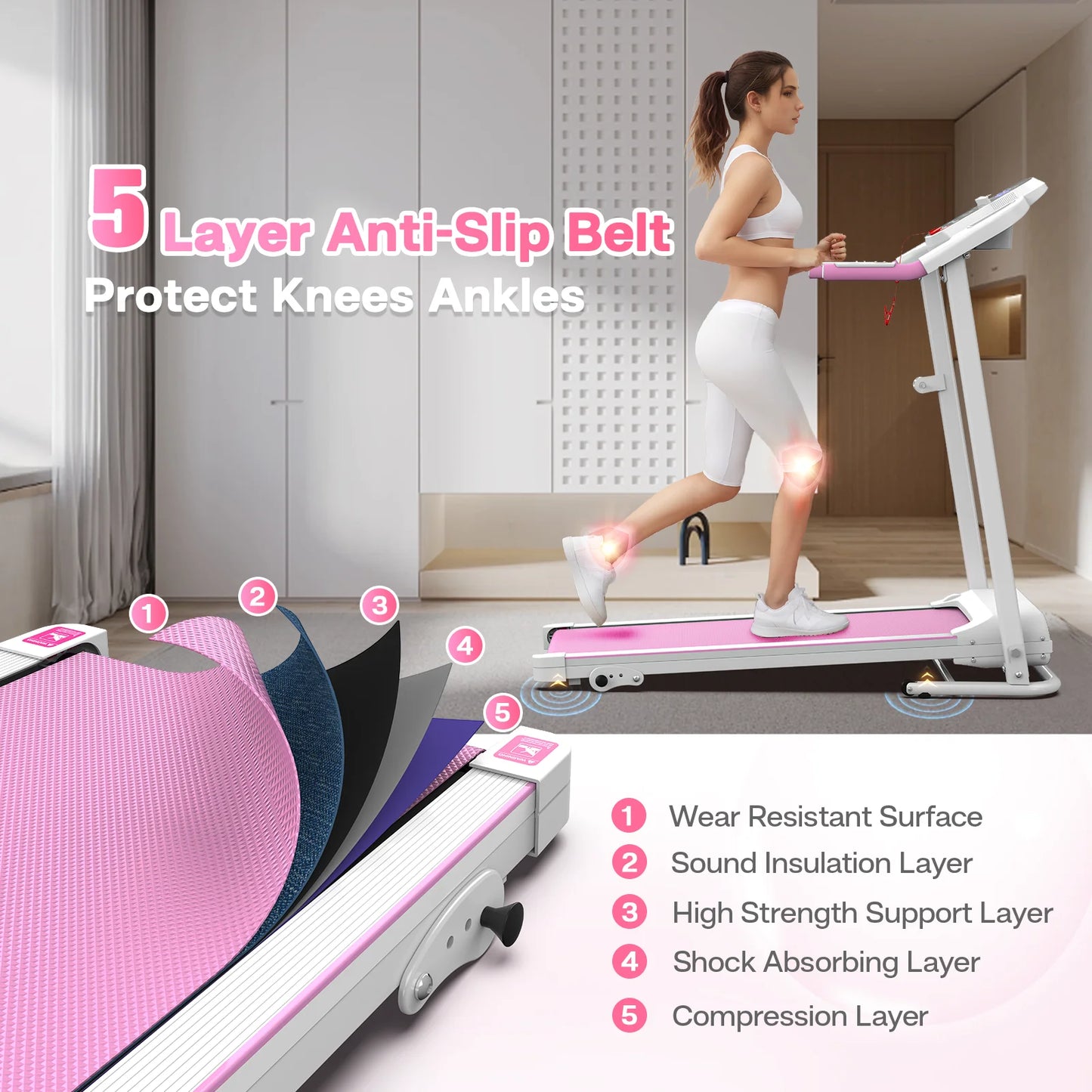 Foldable Treadmills for Home, 2.5HP Quiet Brushless, Electric Running Machine for Home Office, Walking Running Treadmills Exercise Treadmill with Heart Rate Sensor and LCD Display (Pink)