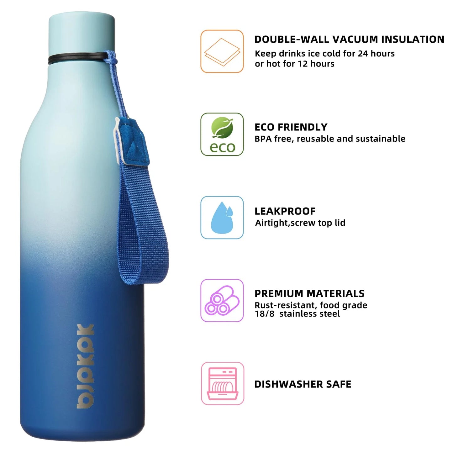 Insulated Water Bottles with Strap,25Oz Stainless Steel Metal Flask,Sky