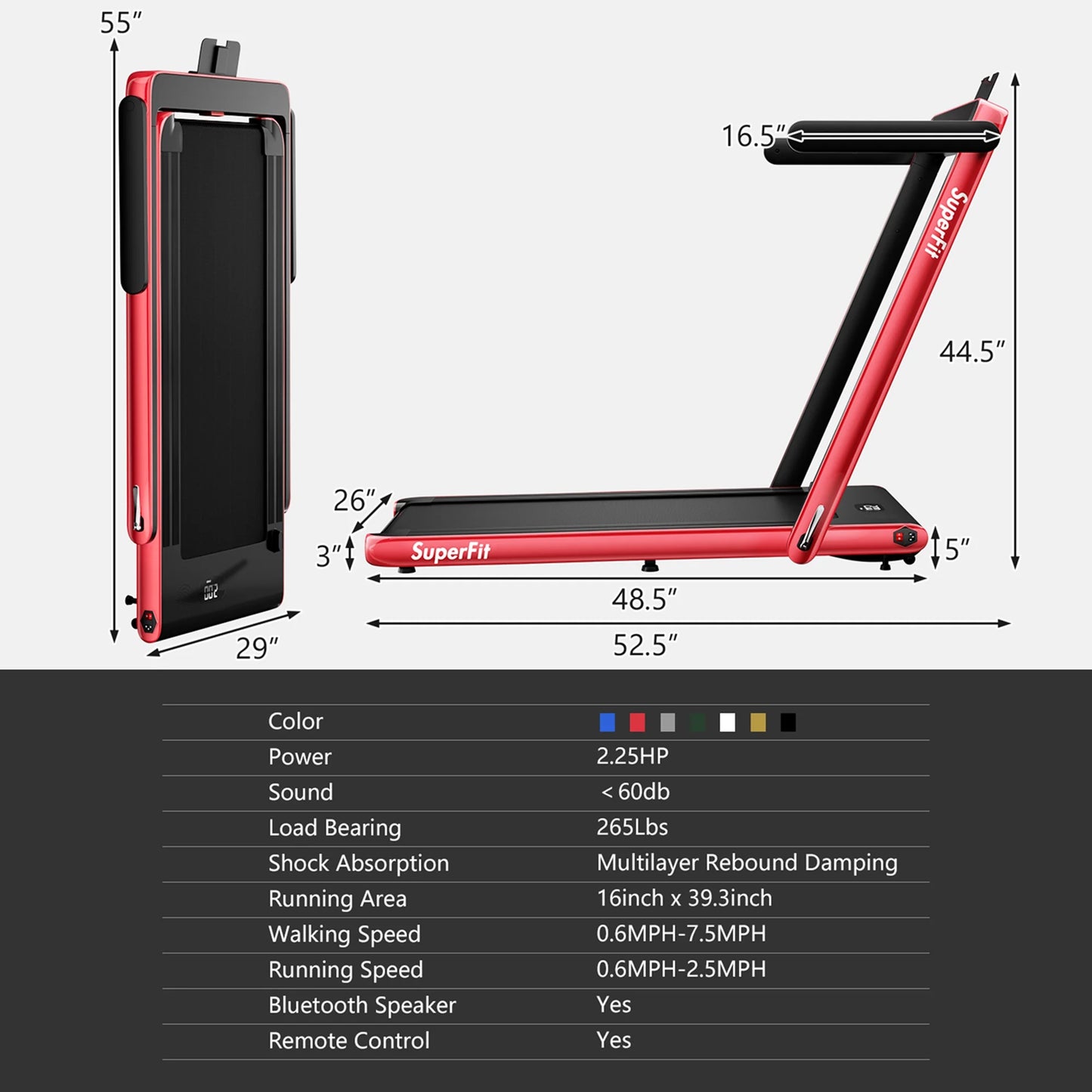 Superfit up to 7.5MPH 2.25HP 2 in 1 Single Display Screen Treadmill Remote Control W/ APP Control Speaker Red