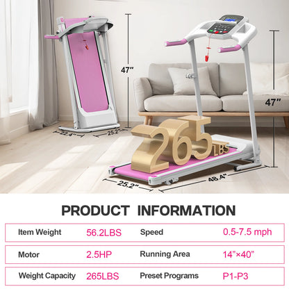 Foldable Treadmills for Home, 2.5HP Quiet Brushless, Electric Running Machine for Home Office, Walking Running Treadmills Exercise Treadmill with Heart Rate Sensor and LCD Display ﻿ (Pink)