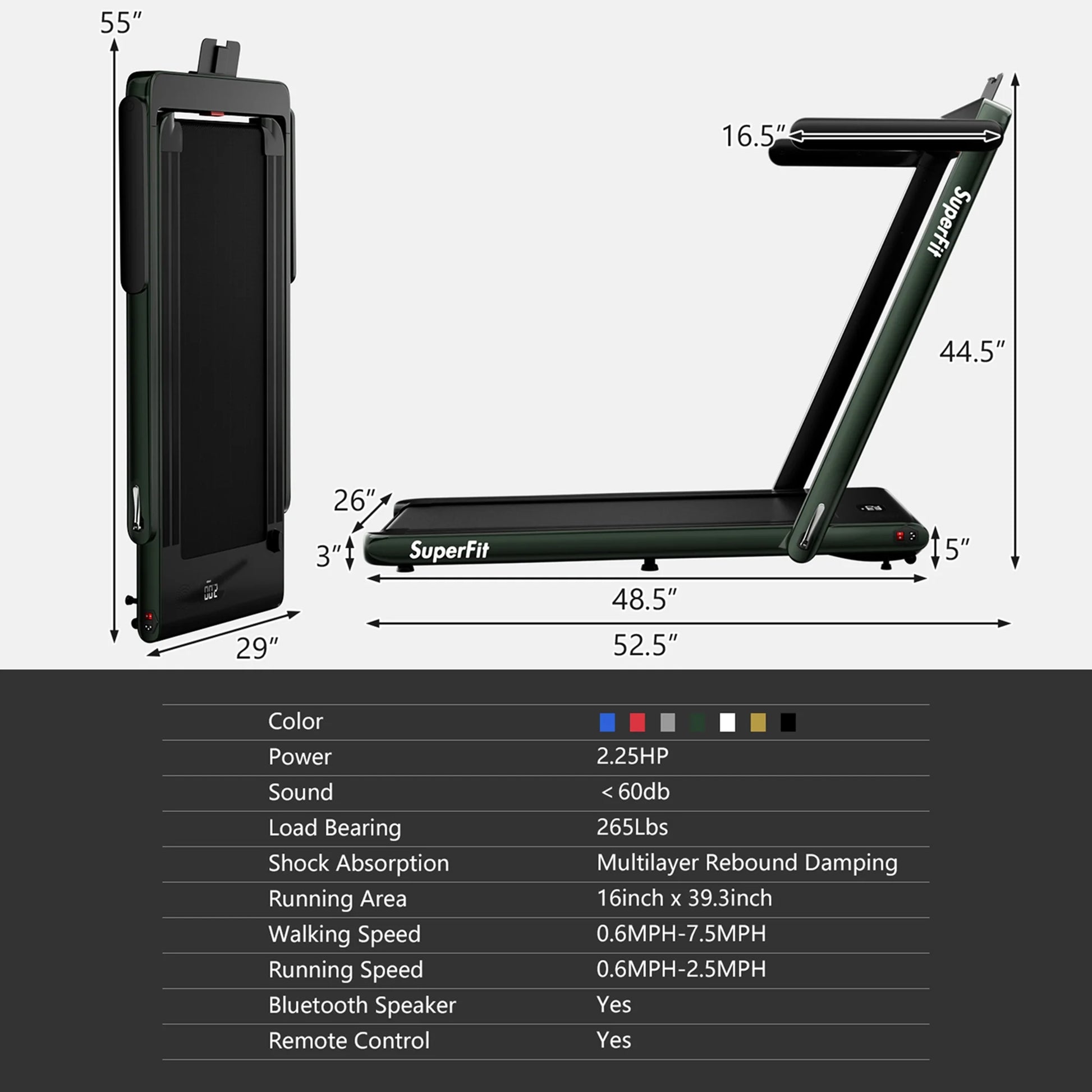 Superfit up to 7.5MPH 2.25HP 2 in 1 Single Display Screen Treadmill W/ Speaker Remote Control APP Green