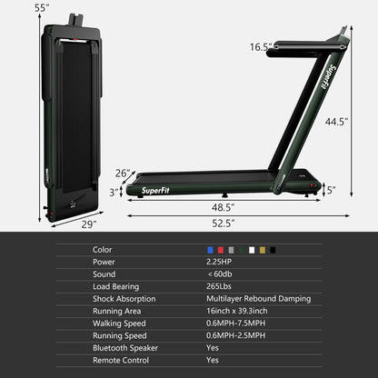 Superfit up to 7.5MPH 2.25HP 2 in 1 Single Display Screen Treadmill W/ Speaker Remote Control APP Green