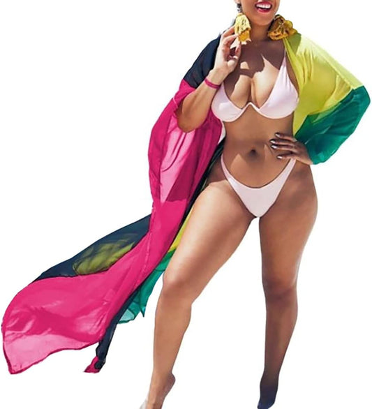 plus Size Women Chiffon Beach Bikini Cover up Colorful Splicing Kimono Cardigan