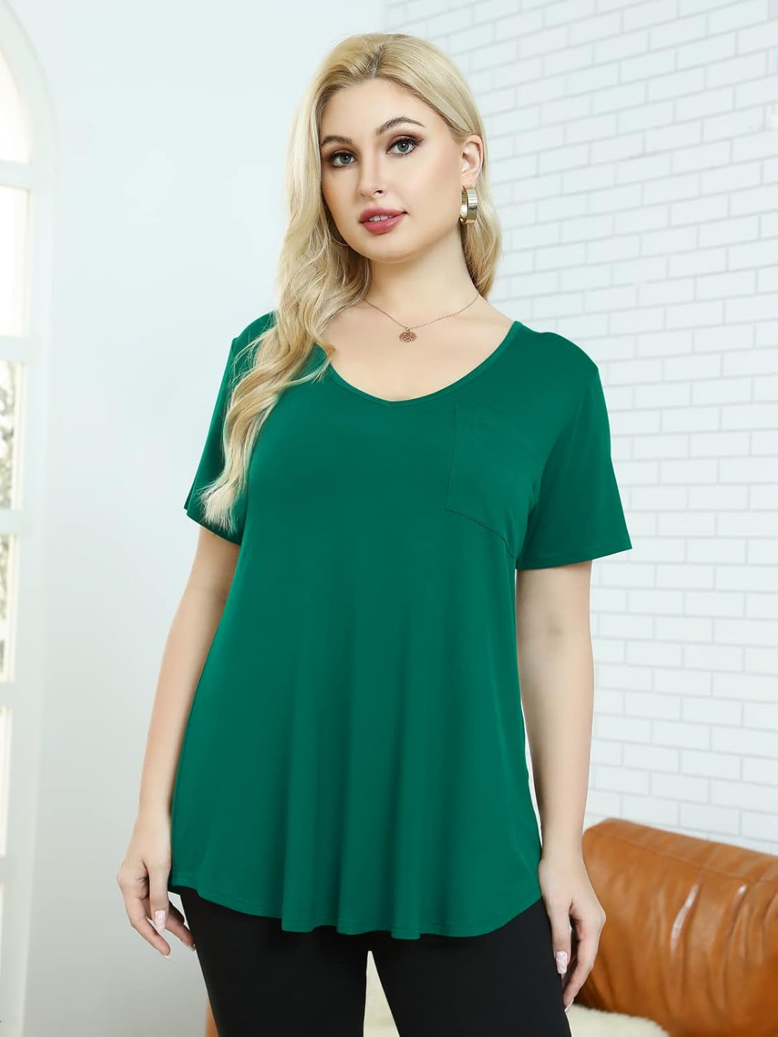 Women plus Size V-Neck Tunic Tops Loose T Shirt with Pocket