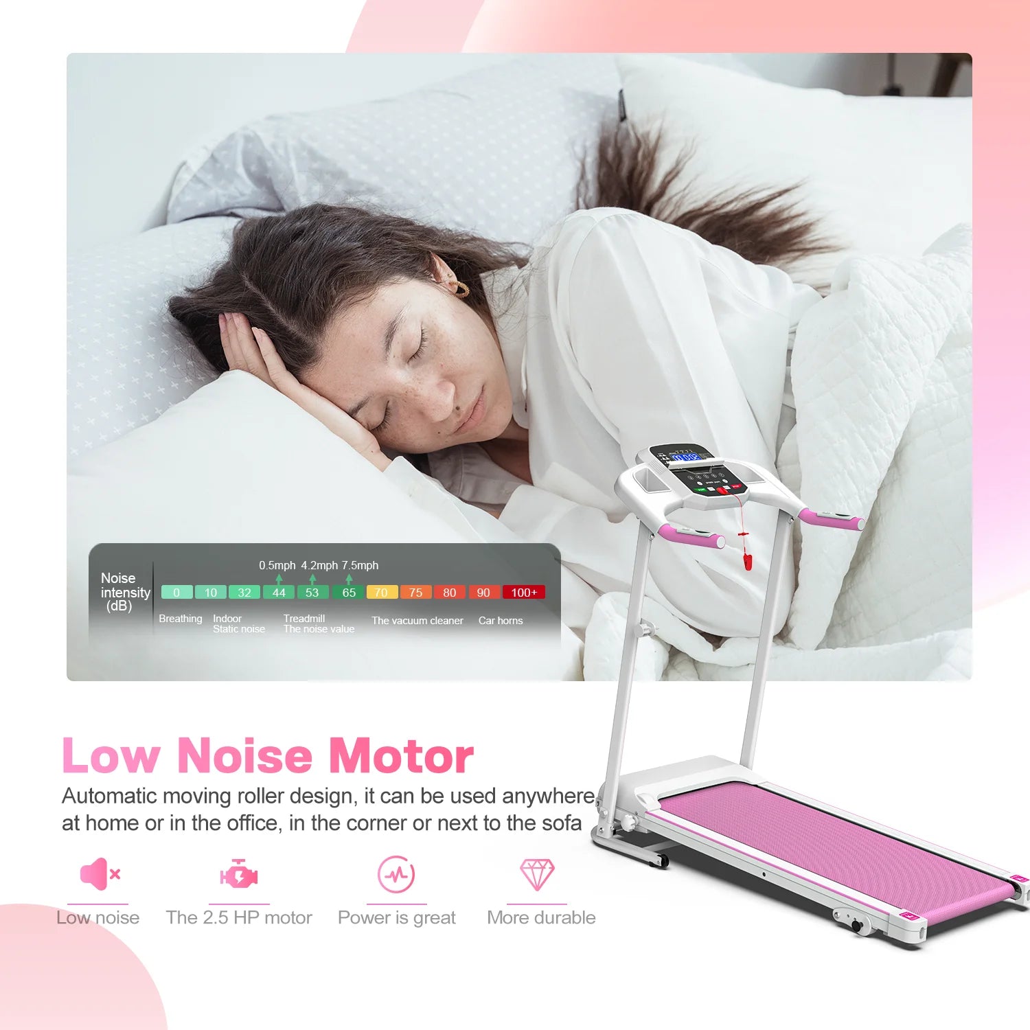 Foldable Treadmills for Home, 2.5HP Quiet Brushless, Electric Running Machine for Home Office, Walking Running Treadmills Exercise Treadmill with Heart Rate Sensor and LCD Display ﻿ (Pink)
