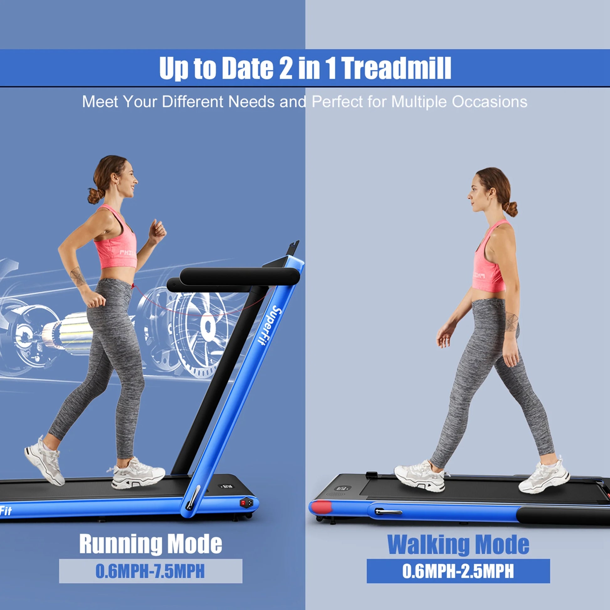 Superfit up to 7.5MPH 2.25HP 2 in 1 Single Display Screen Treadmill W/ APP Control Speaker Remote Control Blue