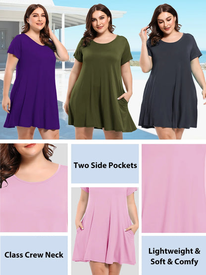 Womens plus Size Dresses with Pockets Casual Short Sleeve Dress Loose a Line Flowy Swing Darkpurple_2X