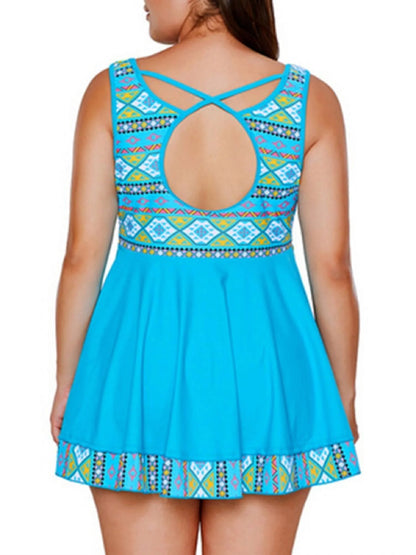 plus Size Women Summer 2 Pieces Swimsuit Set Printing Bench Tankinis