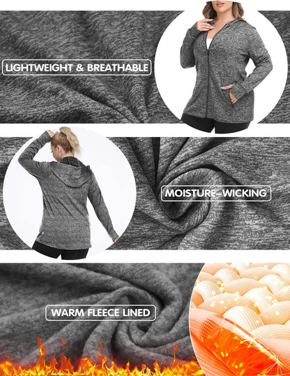 Women plus Size Fleece Jackets Full Zip up Hoodies Lightweight Workout Clothing for Running Yoga Gym