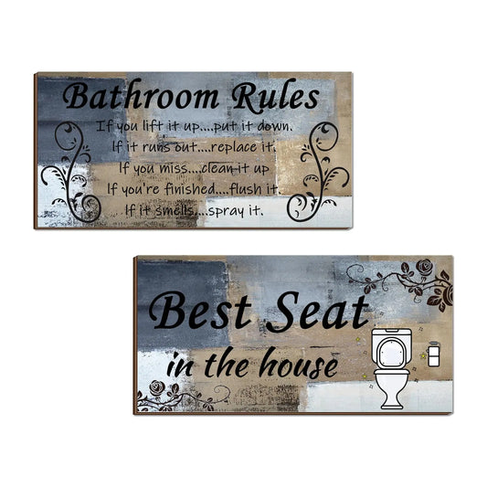Lnond 2 Pieces Blue and Brown Bathroom Wall Decor Abstract Wooden Hanging Bathroom Rules Wall Art Farmhouse Toilet Rustic Bathroom Signs Decor Sets (12x 6 Inch)