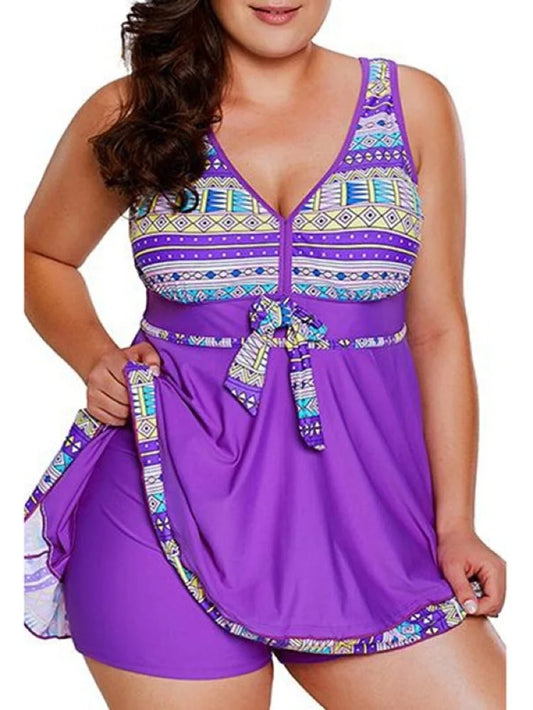 plus Size Women Summer 2 Pieces Swimsuit Set Printing Bench Tankinis