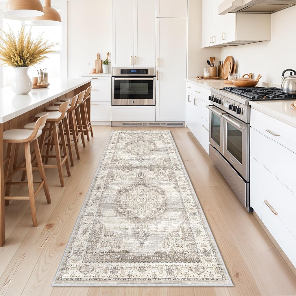 Washable Hallway Runner Rugs 3x8: Soft Ultra Thin Low Pile Carpet Machine Washable Indoor Lightweight Rug Runner Anti Slip Backing Rugs for Living Room Bedroom Kitchen 3x8 Beige